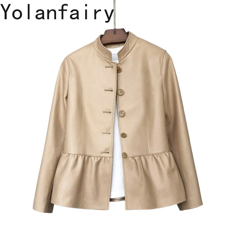 

YOLANFAIRY Luxury 100% Real Sheepskin Coat Woman Elegant Short Genuine Leather Jacket Women Waisted High Quality Leatehr Coat