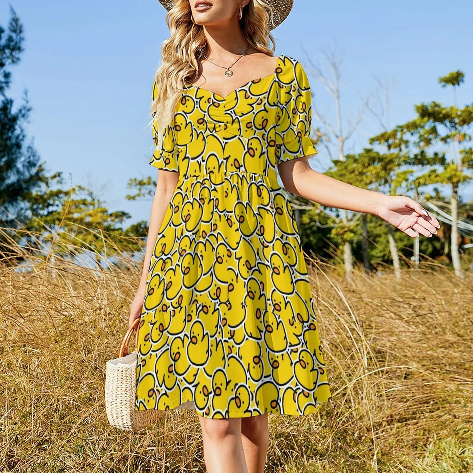 Bunch of Rubber Ducks Dress Yellow Animal Pretty Dresses Woman Short Sleeve Aesthetic Casual Dress V Neck Oversized Vestido