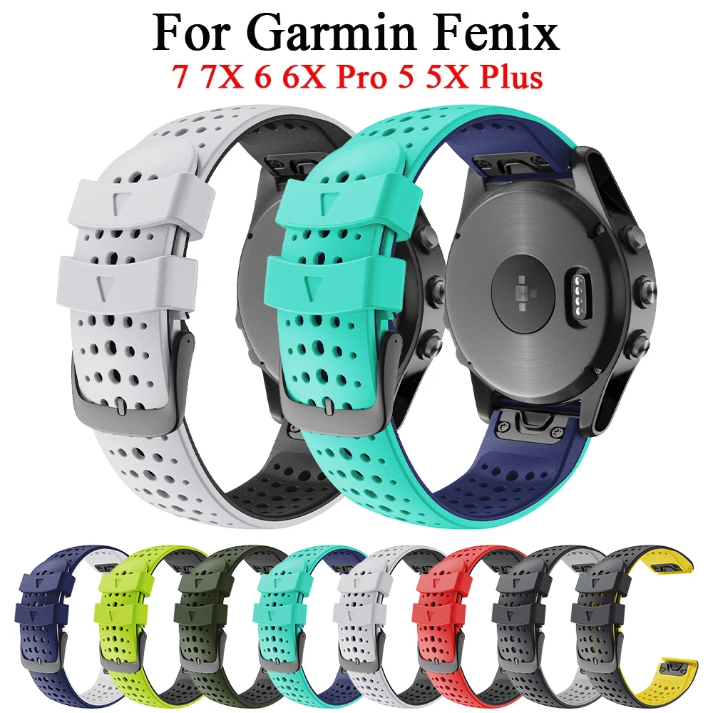 Double Colors Breathable Silicone Watch Band For Garmin Fenix5 5X Plus 6 6X Pro 7 7X 3HR 22 26mm Sport Strap Bracelet