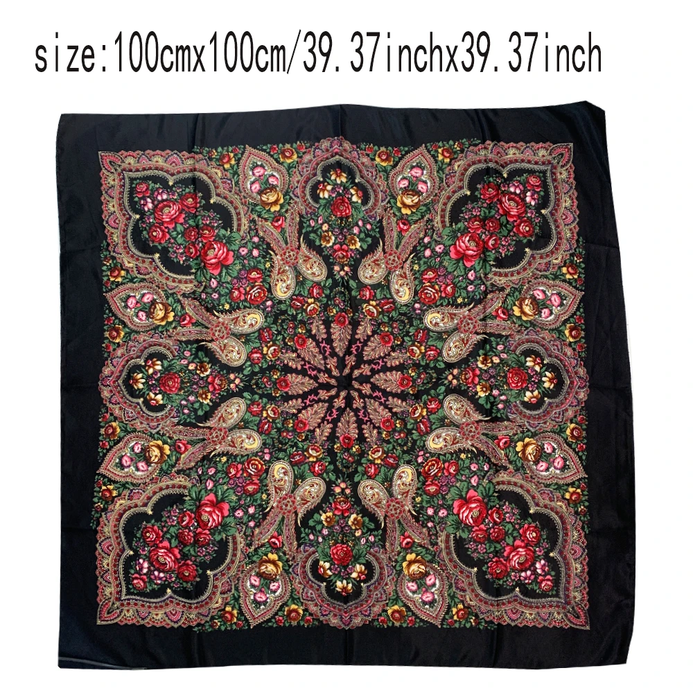 100*100cm Russian Square Scarf Women Luxury Floral Print Bandana Shawl Ukrainian Scarves Babushka Handkerchief Head Wraps