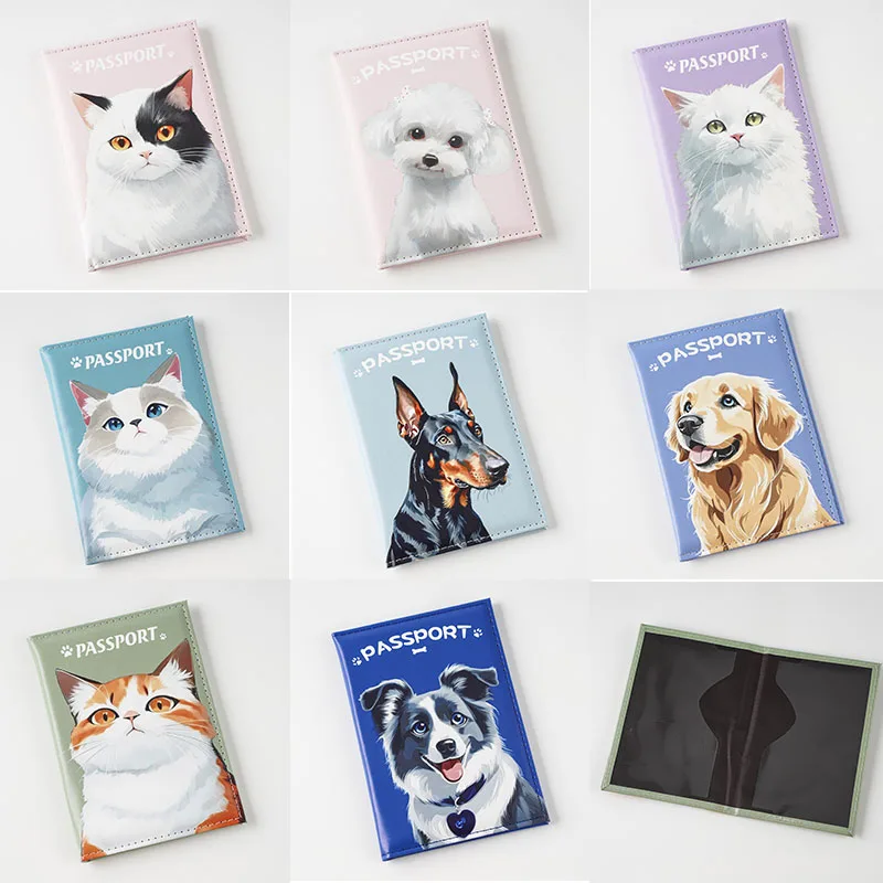 Cat Dog Print Multi Functional Passport Bag Printed Travel Passport Clip PU Document Protection Case Cover Travel Accessories