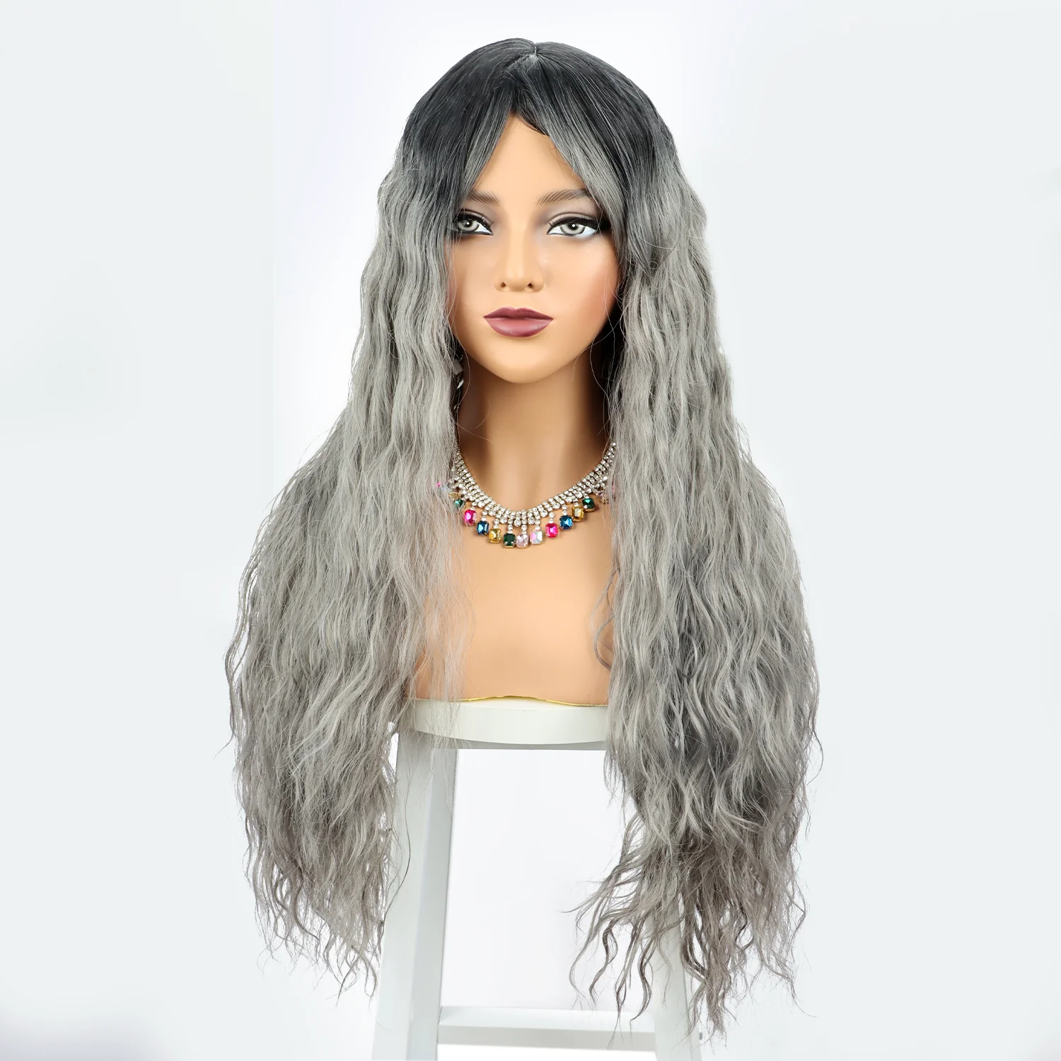 Synthetic Long Lace Ombre Blonde White Grey Wavy Wig for Women 28 Inch Middle Part Curly Natural Looking Heat Resistant Fiber