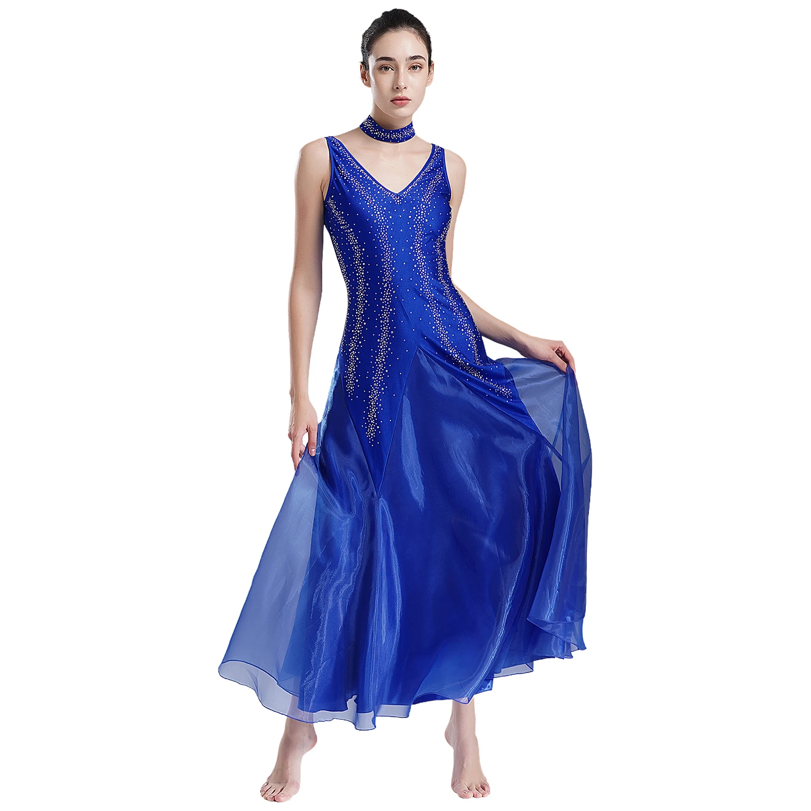 Women Modern Lyrical Dance Ballroom Waltz Performance Clothes Sleeveless Backless Shiny Rhinestones Mesh Maxi Dress with Choker