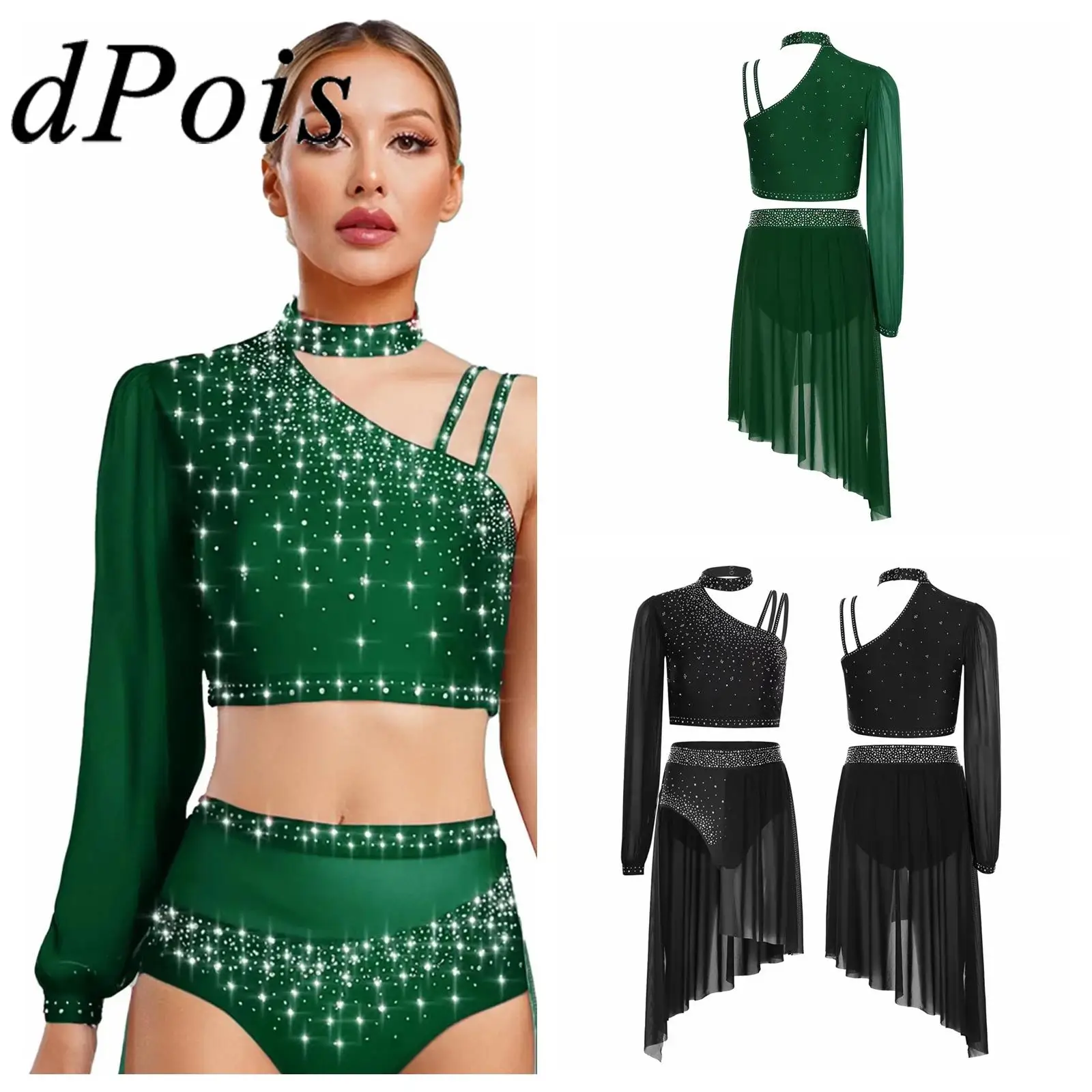 Womens Ballroom Latin Performance Costume Figure Skating Dress 2Pcs/set Crop Top Shorts Skirted Lyrical Modern Dance Outfit