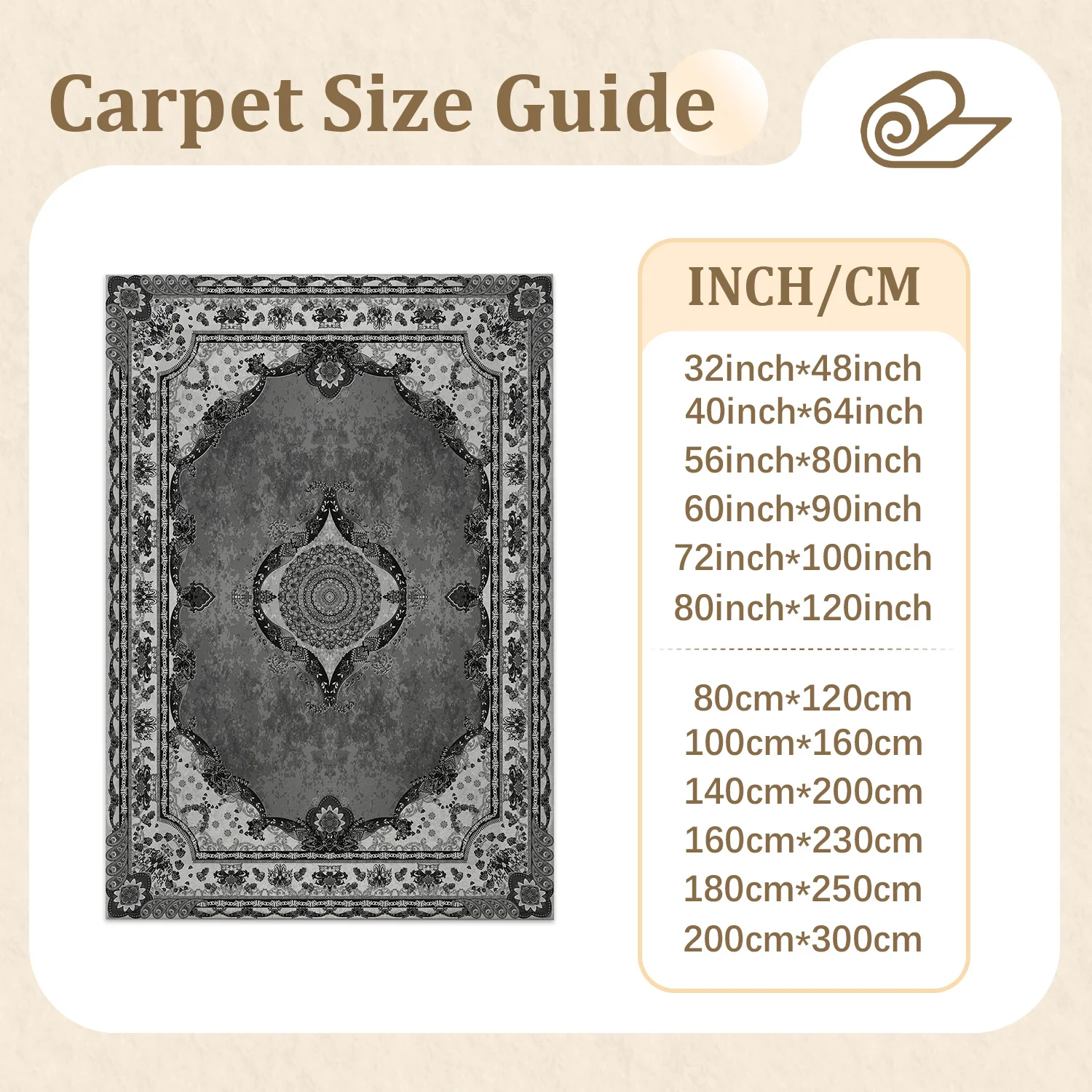 Large Indoor Area Rug, Soft Velvet Low Pile Non-Slip Dotted Backing Machine Washable, Ornate Vintage Medallion Pattern Decorative Floor Carpet for Living Room Bedroom Indoor Use