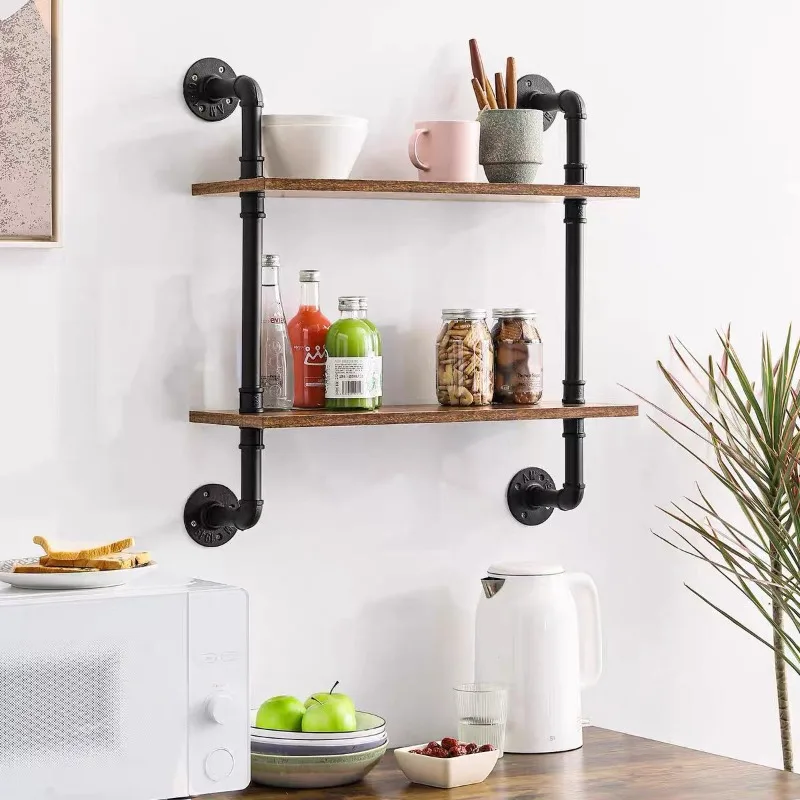 

Wall wrought iron water pipe rack retro wall hanging multi-layer storage living room solid wood baffle bookshelf industry