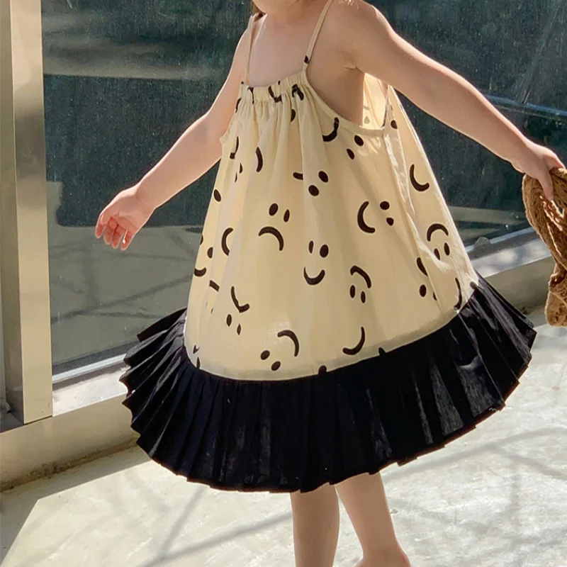 Girls' Sweet Princess Party Dress Skin-friendly Breathable Cartoon Printing Summer Beach Dress Fashion Suspender Fluffy Dress