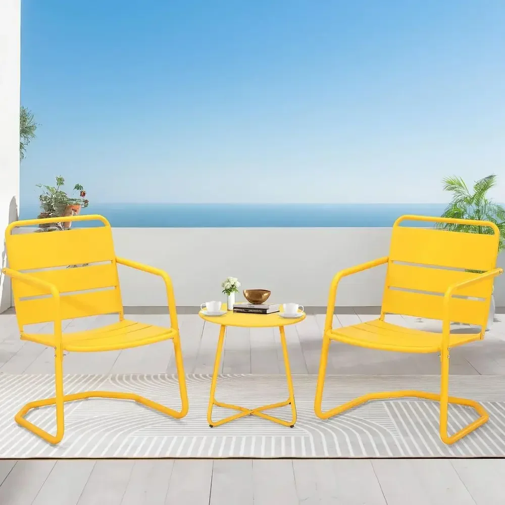 Compact Outdoor Patio Set: 2 Metal Chairs with Round Side Table, Ideal for Balcony, Porch, Garden, Deck, Yellow