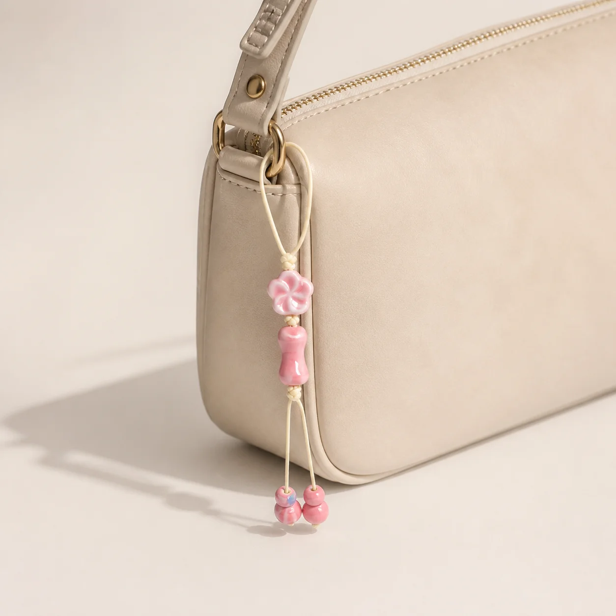 Handmade Ceramic Bag Charm with Pink Flower and Bone Beads Woven Waxed Cord Decorative Handbag Accessory 608P3-17
