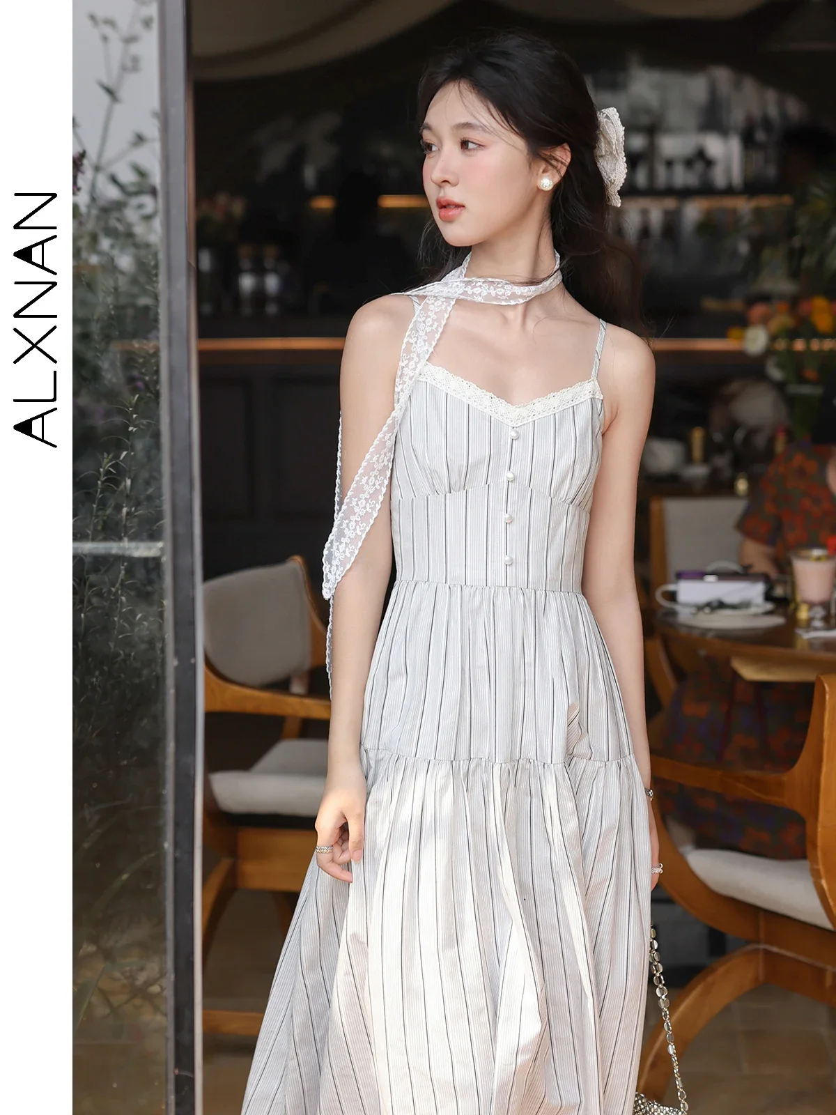 

ALXNAN Striped Dress Long Elegant Holiday Party Women's Dress Cotton A-line V-neck Lace Design Beach Casual Clothing QYM002493