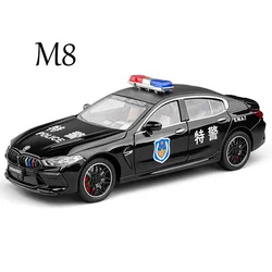 1/24 Alloy Diecast BMW M8 Police Cars Model Toy Wheel Pull Back Rubber Tires Sound Light Miniature Vehicle Boys Collection Gifts