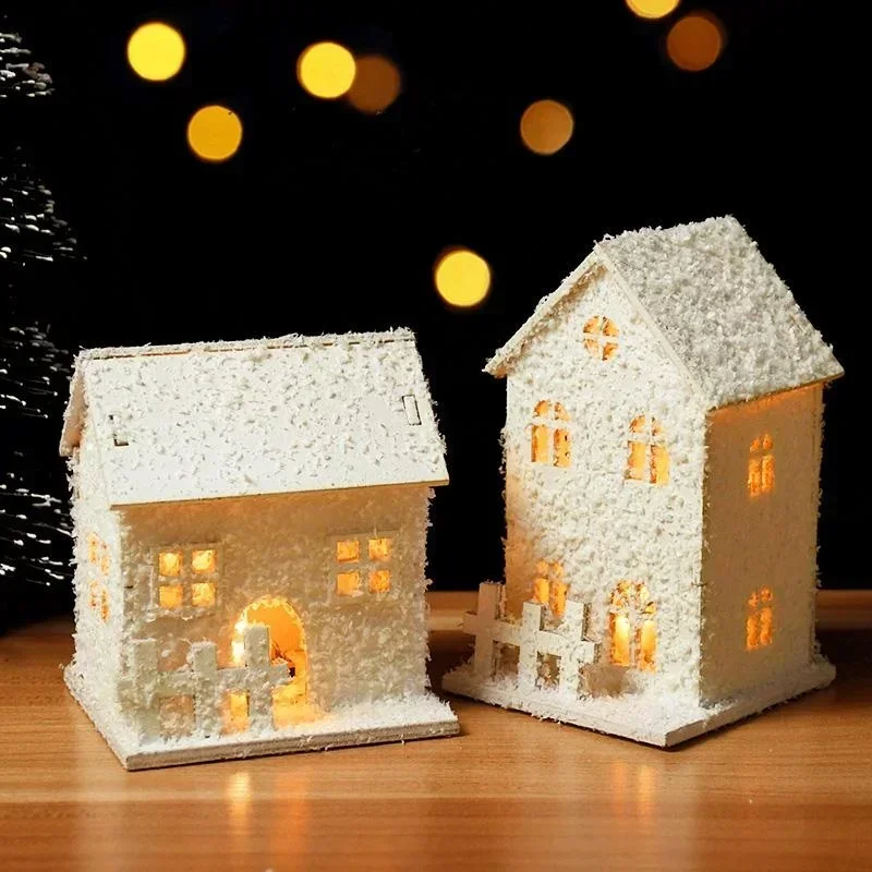 Xmas Ornament Christmas Led Light Wooden House with Snowflake Luminous Cabin Christmas Decorations