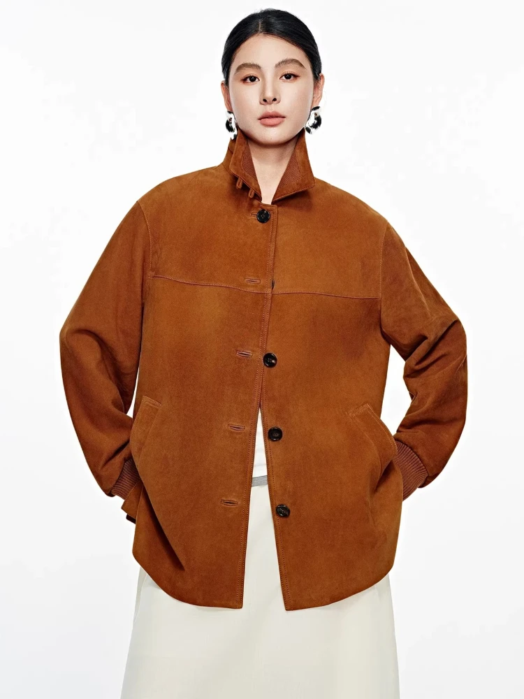 

Vintage Genuine Leather Suede Jackets for Women Spring Autumn High-end Simple Single Breasted Casual Loose Real Sheepskin Coat