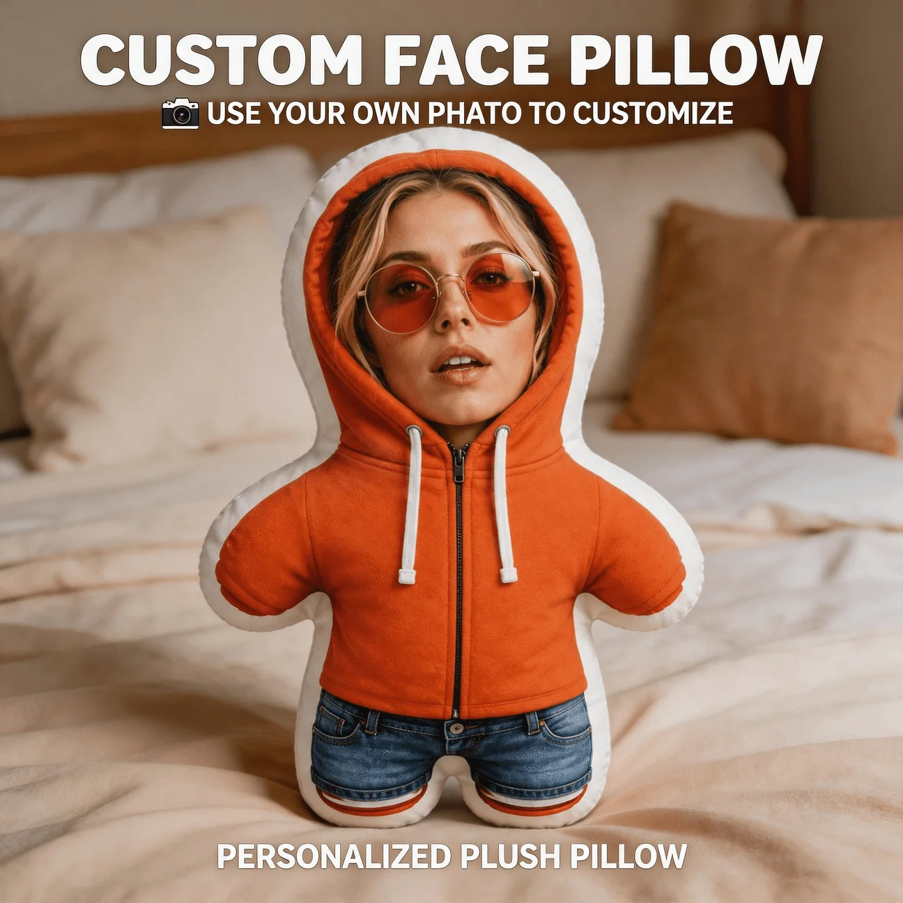 Upload photos to customize exclusive items, print precious portraits on black pajamas shaped doll pillows, with multiple sizes t