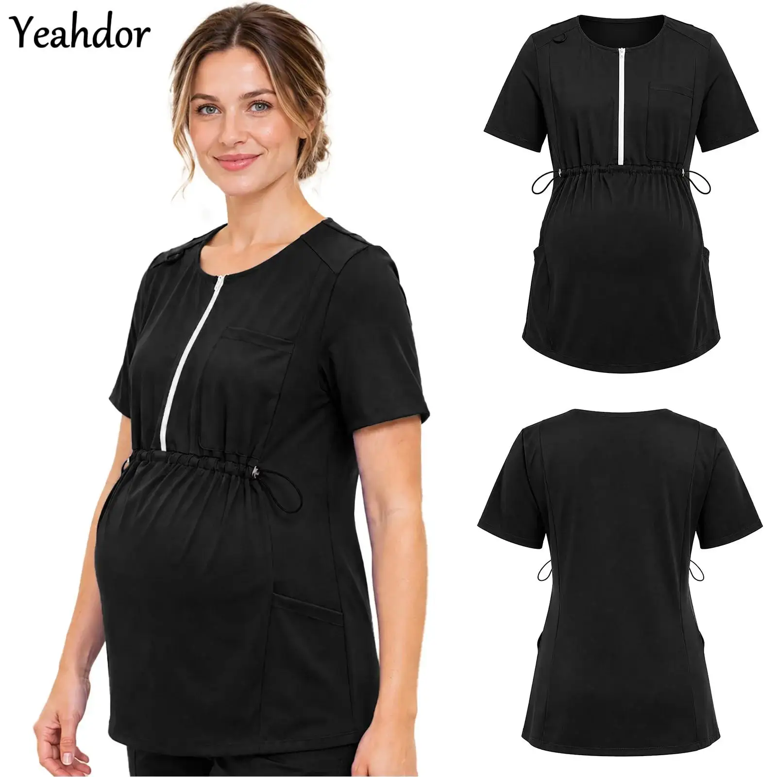 Womens Nurse Pregnant Scrub Tops Short Sleeve Half Zipper Drawstring Maternity T-shirt with Pockets Medical Uniforms Work Wear
