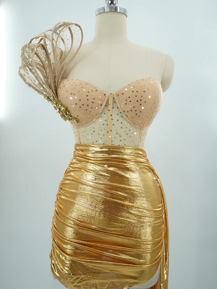 

2025Fashion Show Dress blue rhinestones outfit sequin glitter fringe pole dance sexy mesh See-through party club birthday