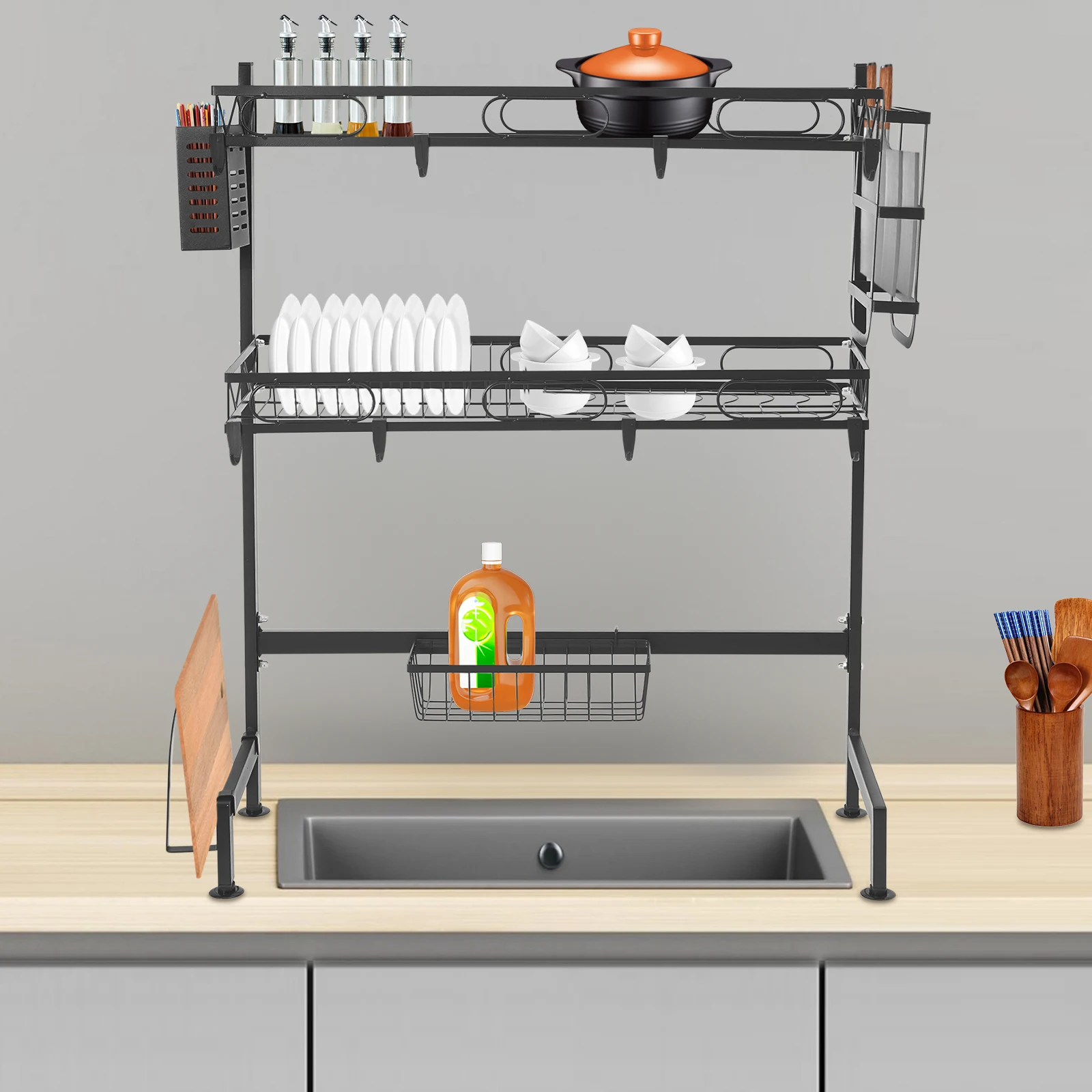 

62 см 2-слойная полка для хранения раковины из углеродистой стали, полный набор, прямоугольный держатель для сушки посуды над раковиной с противоскользящими присосками