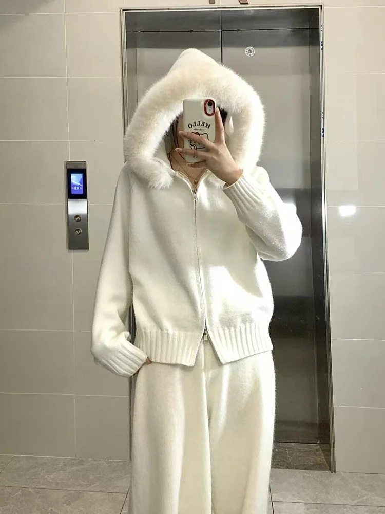 

Высококачественная женская вязаная шапка, пальто, зимнее новое универсальное пальто с меховым воротником для ленивых, обычная посадка, длинная молния све