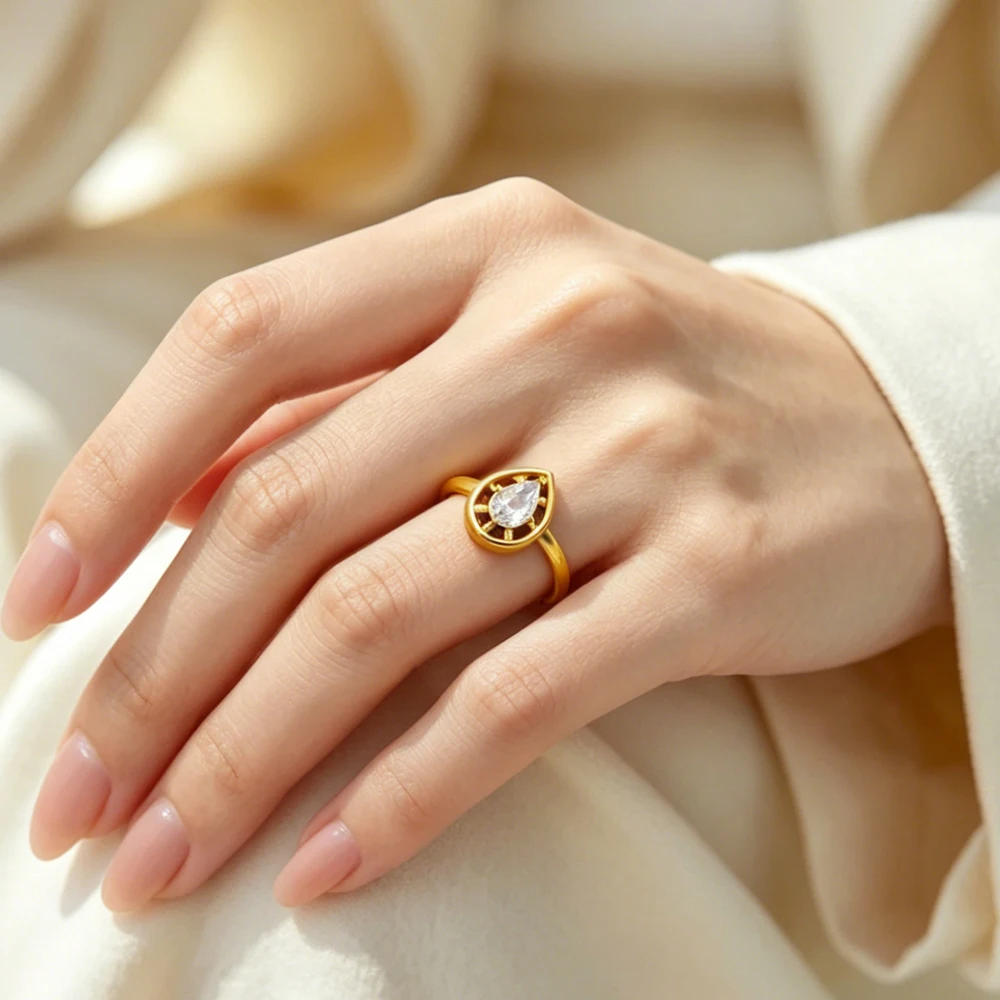 USENSET Stainless Steel Two Tone Claw Clear Round Tear Zircon Designer Rings for Women 18k Gold Plated Tarnish Free Jewelry