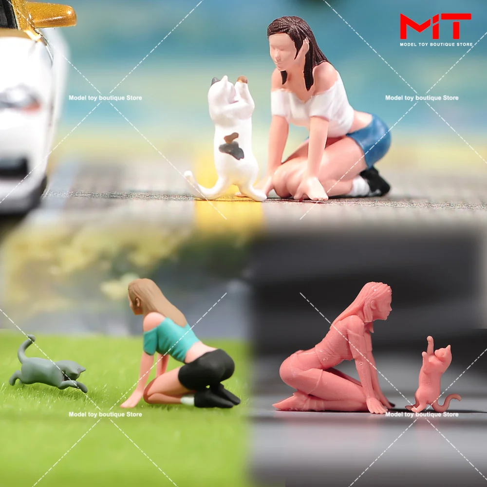 Miniature Figure 1/87 1/64 1/43 1/24 1/18 Girl kneeling Teasing Cats Mini Doll Diorama Figurine Resin Model Scene Prop Decor