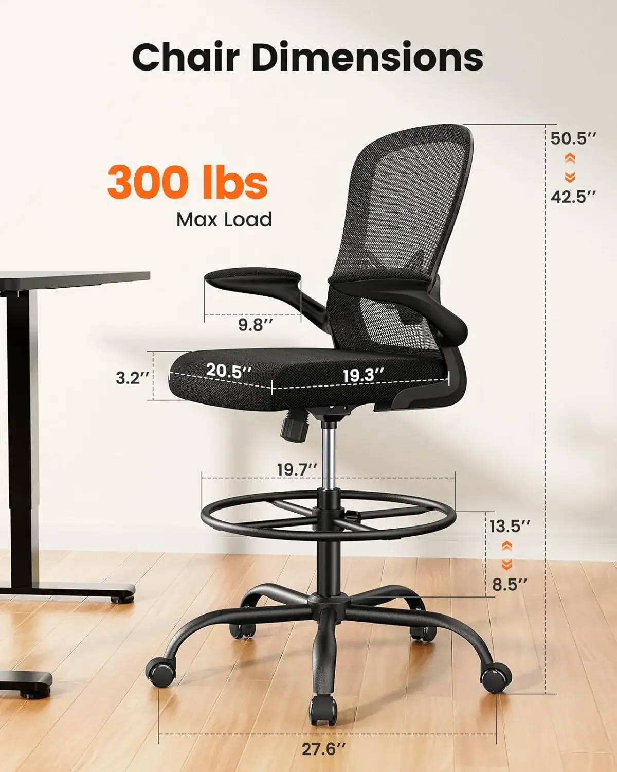 Drafting Chair, Standing Desk Chair with Flip-Up Armrests, High Desk Chair Adjustable Height, Ergonomic Tall Office Chair