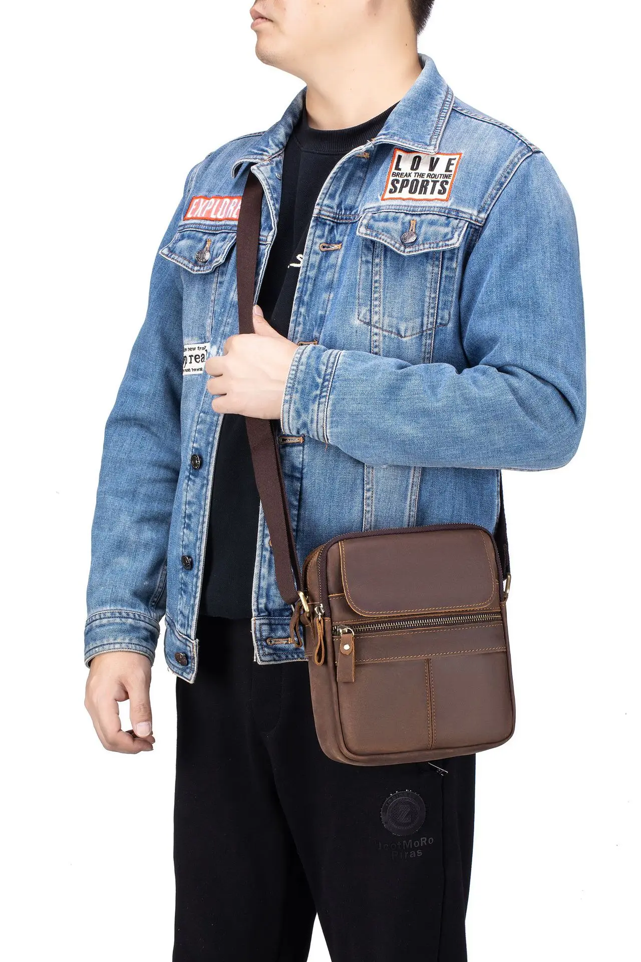 

Men's genuine leather spliced single-shoulder bag, square vertical retro travel crossbody bag