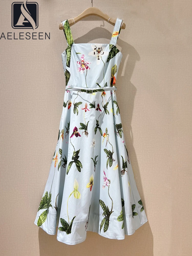 AELESEEN Elegant Summer Beach Dress Women Design Fashion Spaghetti Strap Flower Print Square Collar High Waist Long Sicilian