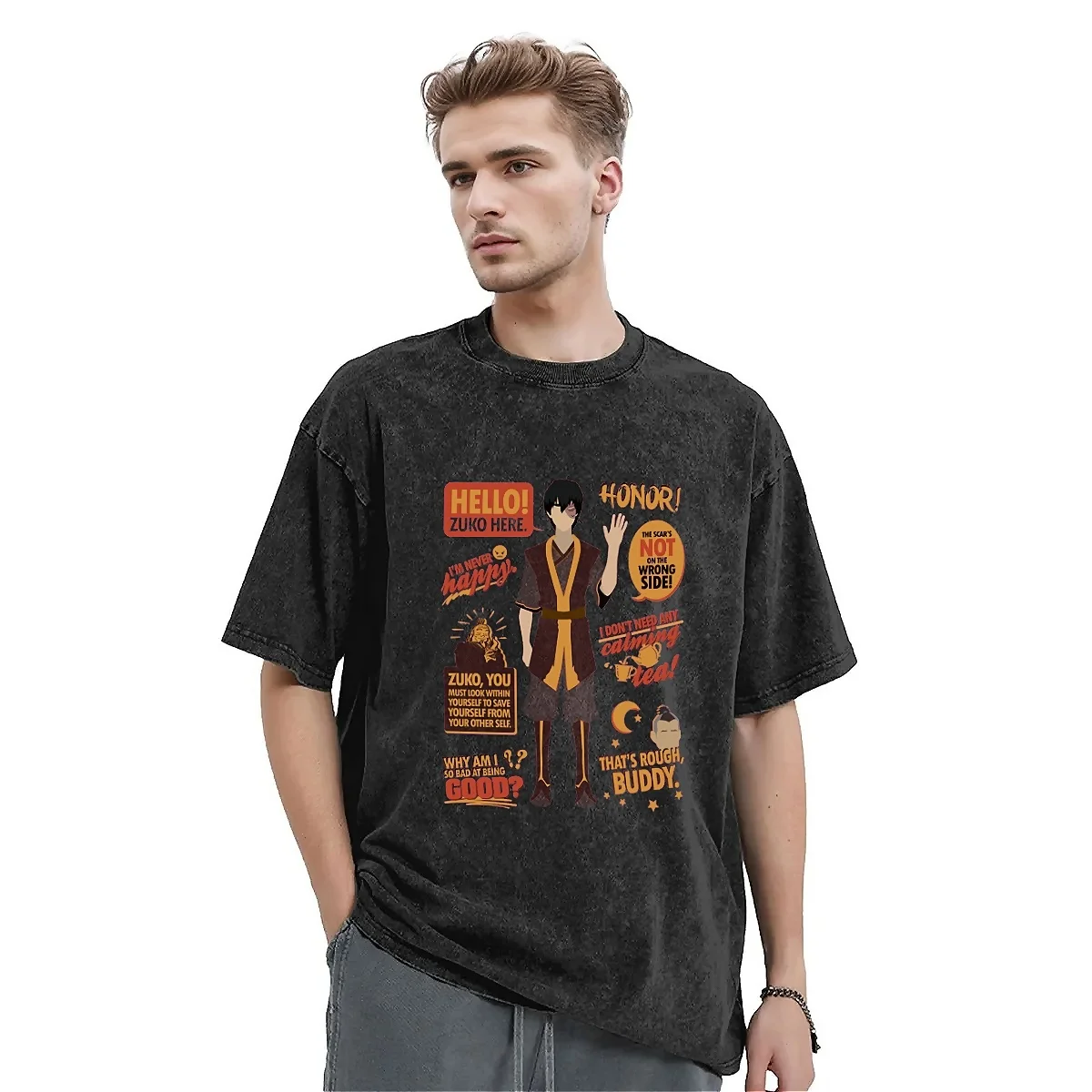 Hello Zuko Here Avatar Washed T-Shirt Men Women The Last Airbender Streetwear Casual T Shirts Summer O Neck Tees Design Oversize