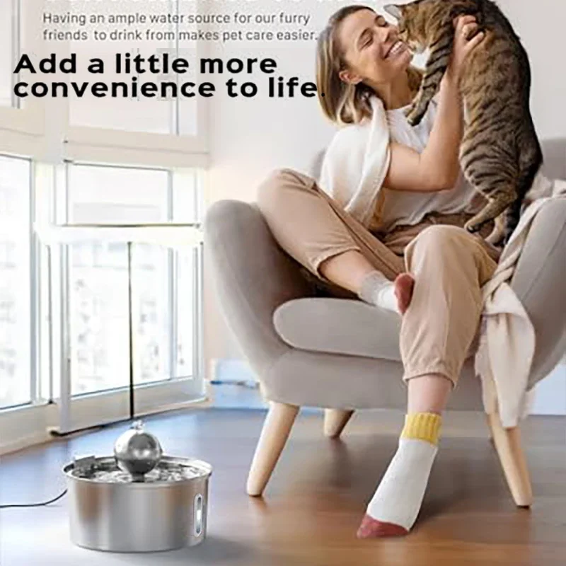 Water Level Window Pet Water Fountain 3.2L Stainless Steel with Ball Cat Fountain Cat Water Dispenser Cat Product