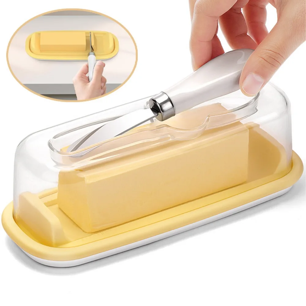 طبق الزبدة مع غطاء وسكين لثلاجة كونترتوب، حامل عصا الزبدة مع غطاء شفاف محكم الغلق يحافظ على الزبدة ناعمة
