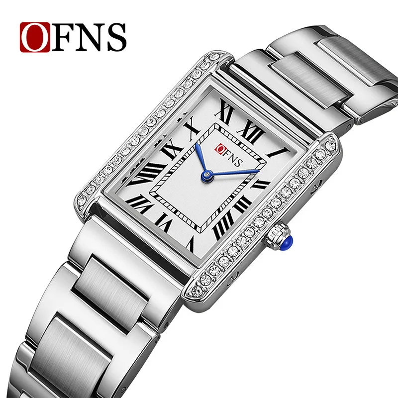 OFNS-Montre-bracelet rectangulaire en cuir et acier inoxydable pour hommes et femmes, montres-bracelets à quartz pour couple, diamant de luxe, cadeau pour fille, 1509, 1520