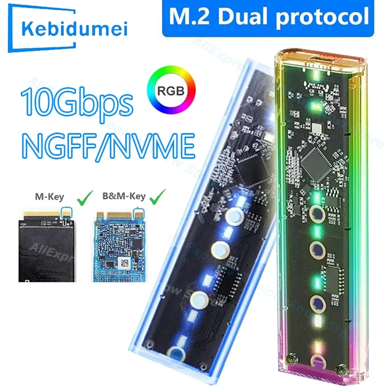 

RGB M.2 NVME PCIe NGFF SATA Dual Protocol SSD Case Clear USB Type C 10 Гбит/с PCI-E M2 SSD Внешний корпус Жесткий M/B Key Disk Box