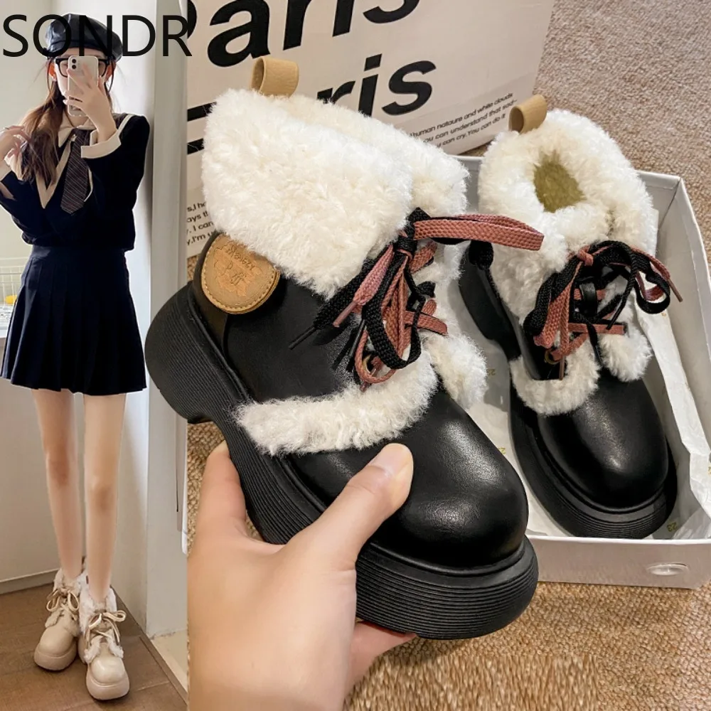 Womens Ankle Boots Faux Fur Warm Winter Snow Chunky High Heel Lolita Sweet Lace Up Shoes Girls New 2024