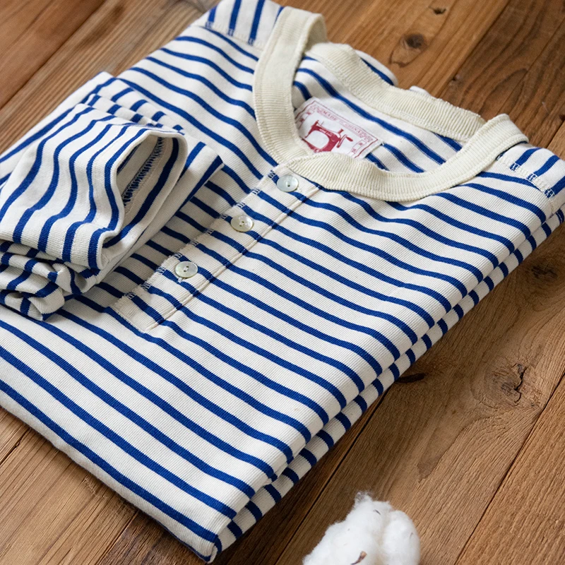 300GSM Double-Yarn Pure Cotton French Vintage Breton Stripe Long Sleeve Henley Shirt Unisex Button-Down Sailor Tee 100% Cotton