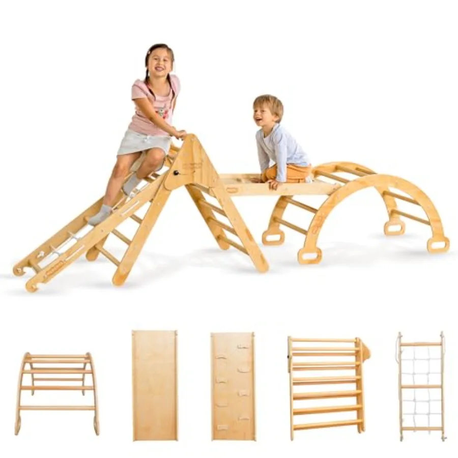 

Foldable Wooden Triangle Climber Ramp Arch for Toddlers 4 in 1 Montessori Play Set - 3 Piece Gym with Arch and Climbing