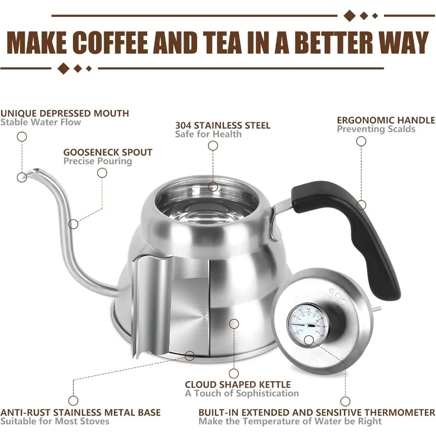 Chaleira para café e chá de gotejamento manual com termômetro embutido 28 onças design pescoço de ganso chaleira de água de aço inoxidável com inteligência