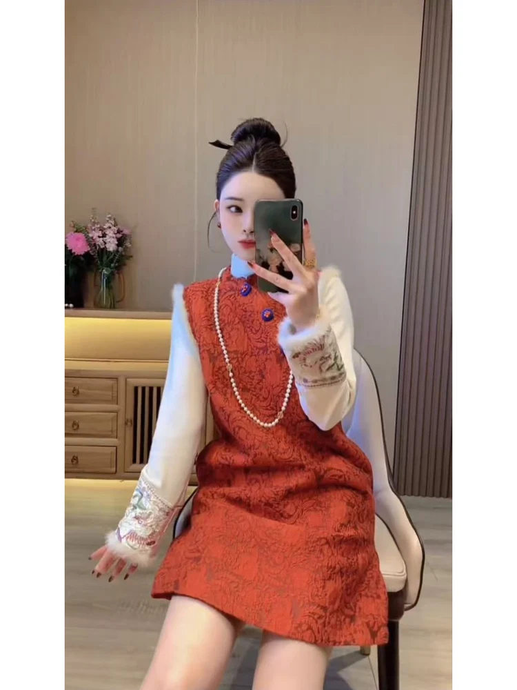 

Thiened Warm Flag Robe Dr Chinese Sle Revamped Retro Embroidery Mid-Length Skirt with Base irt for Women