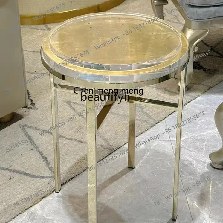 

178American light luxury stainless steel small round edge table champagne corner table acrylic coffee table2936