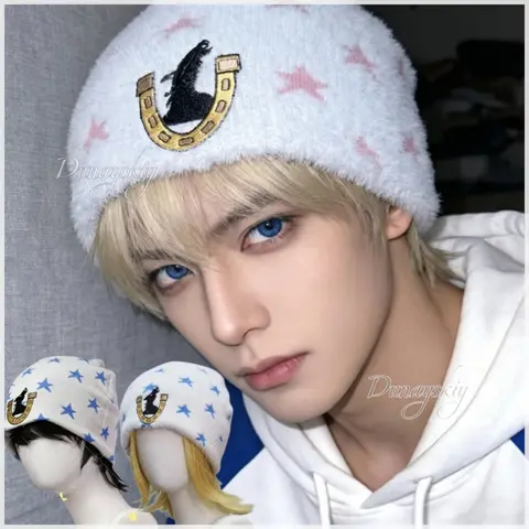 Johnny Joestar Fan-made Merch Cosplay Beanie Plush Star Horseshoe Knit Hat Unisex Large Head Circumference Warm Winter Cap Joo