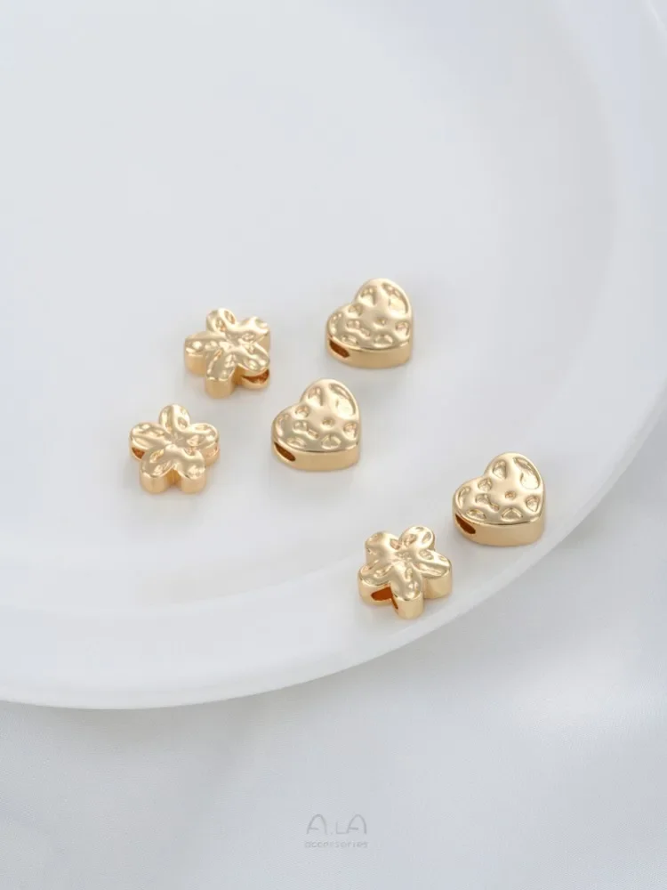 14k ouro-cor côncavo e convexo flor de ameixa coração grande buraco grânulo diy artesanal frisado pulseira colar jóias acessórios