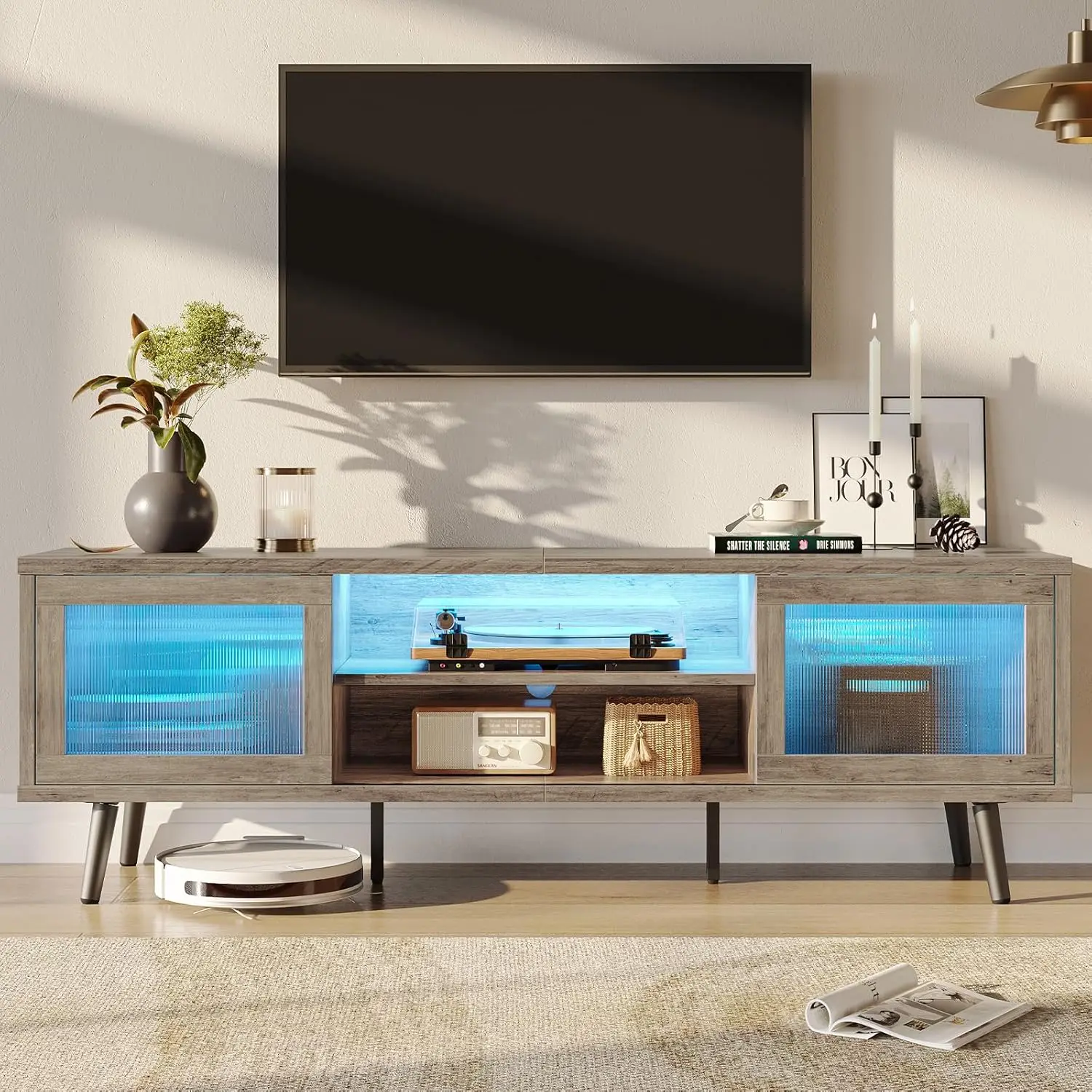 TV Stand for 75 Inch TV, 63” LED Entertainment Center with Sliding Acylic Doors, Modern TV Console with 2 Tier Storage Shelves