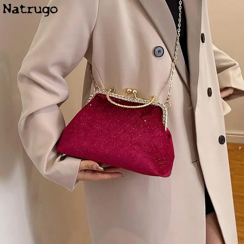 Velvet Top Clutch Bag Clip Chain Women Crossbody Bag Purse Designer Brand Shoulder Bag Lady Luxury Dinner Handbag Satchel 2023