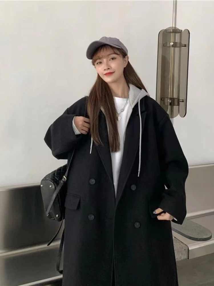 Hooded Fake Two Pieces Blends Women Winter Females Loose All-match Thick Warm Long Style Outerwear Fashion Korean College Casual