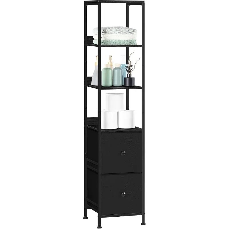 Bathroom Cabinets Freestanding, Tall Slim Floor Cabinet with 2 Fabric Drawers, 5-Tier Storage Organizer Rack Stand, Shelves