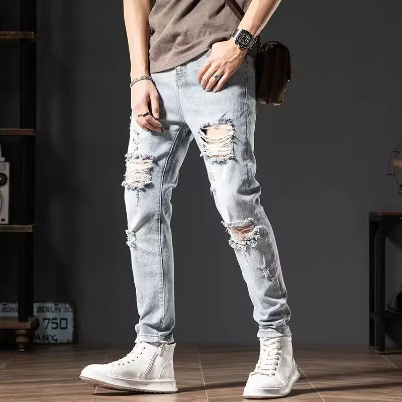 Men 2024 Water Washing Holes Ripped Patchwork Jeans Streetwear Light Blue Jeans Casual Pantalones The High Street Tide Men's