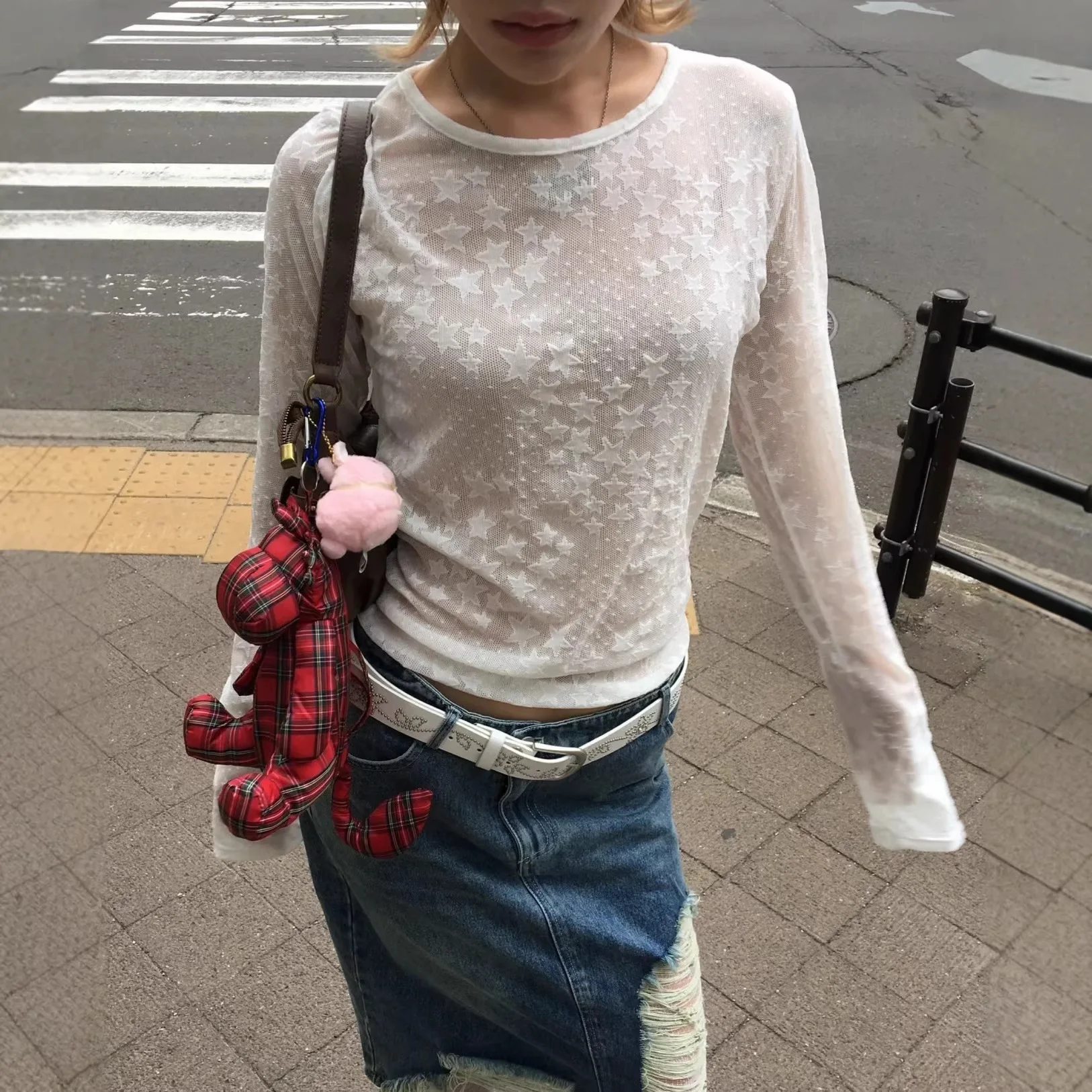 

Perspective Five-pointed Star Lace Star Mesh Long-sleeved T-shirt for Women