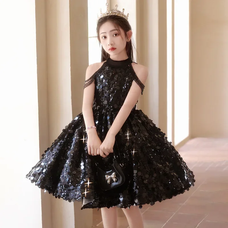 Black girl dress light luxury niche high-end host princess dress summer children's runway piano performance