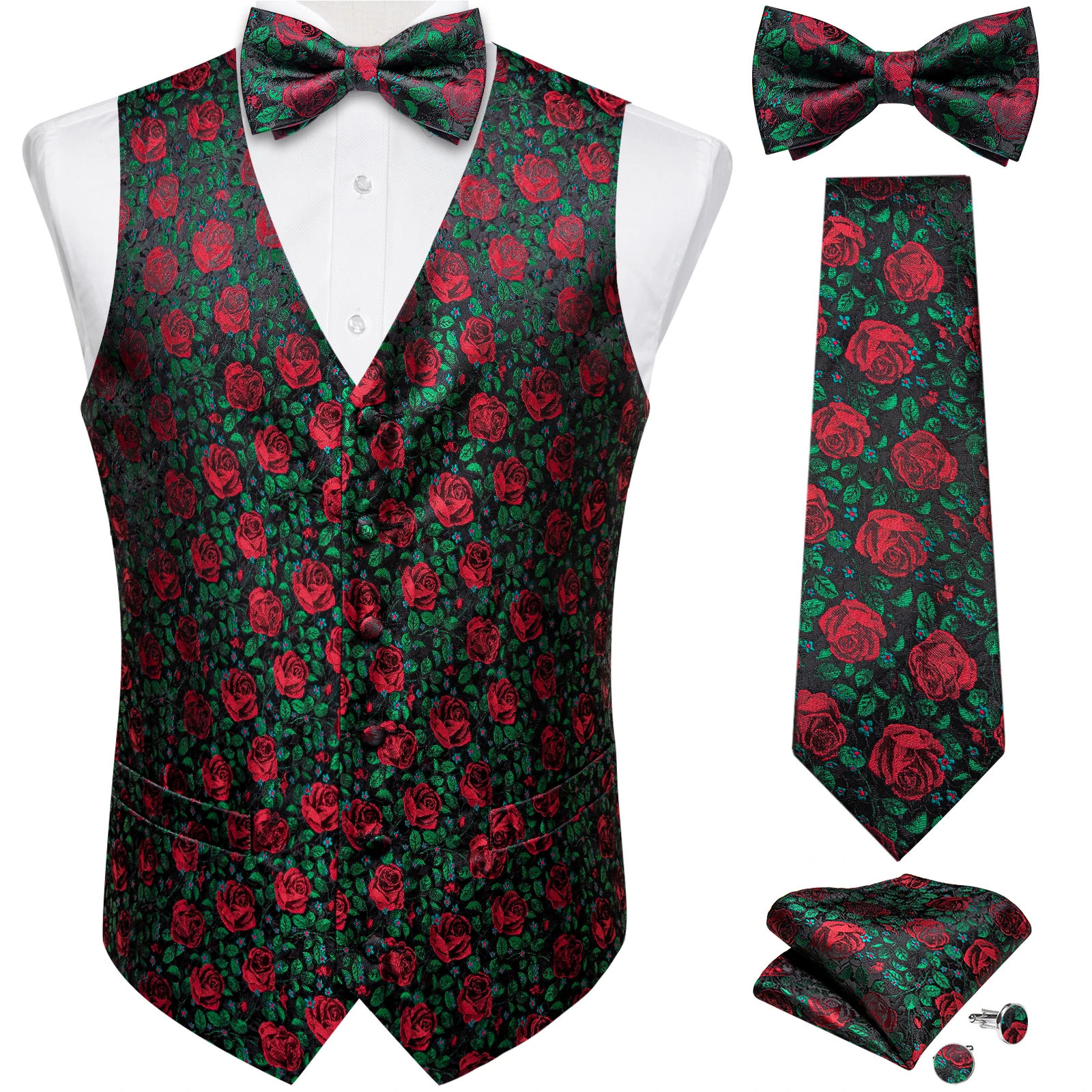 

Men's Floral Vest and Necktie Set, Pre-tied Bowtie, Pocket Square Cufflinks Dress, Classic Business Waistcoat for Man, 5 Pcs