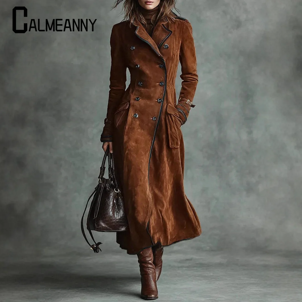 

2025 Autumn Winter Womens Brown Suede Trench Coat Double Breasted Elegant Lapel Collar Mid Length Office Casual Outerwear Coat