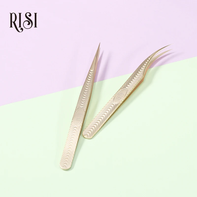 RISI Gold Precision Professional Eyelash Tweezers Antistatic Stainless Curved Straight Tweezers For Eyelashes Extension